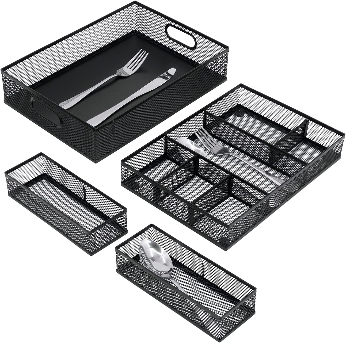 Neudeco Desk Drawer Organizer with 6 Adjustable Dividers, Metal Mesh Pen Organizer for Desk Drawer, Office Supplies Tray (Pack of 4, Black)