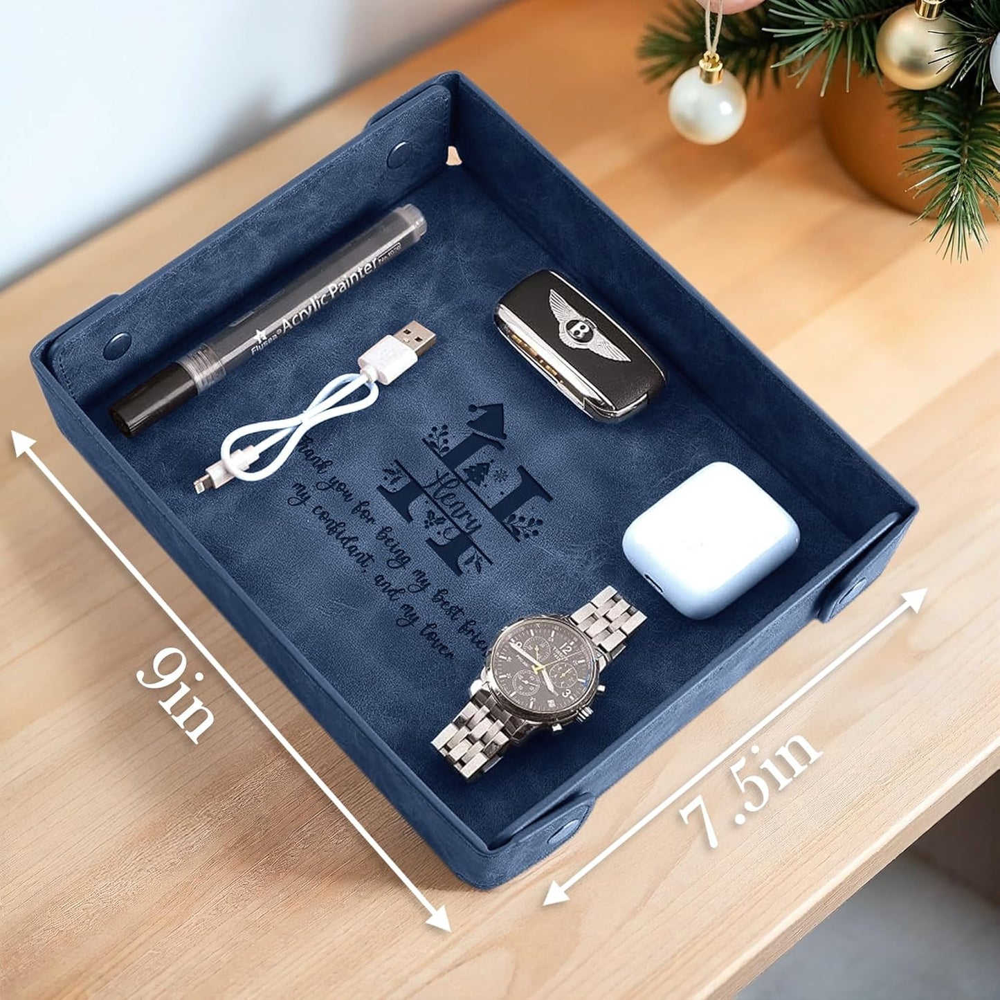 Engraved Leather Valet Tray for Men – Personalized Catchall with Custom Name for Desk, Dresser, Nightstand – Men's Organizer Tray for Keys, Wallet, Jewelry, Personalized Gift for Home, Office - Coffee