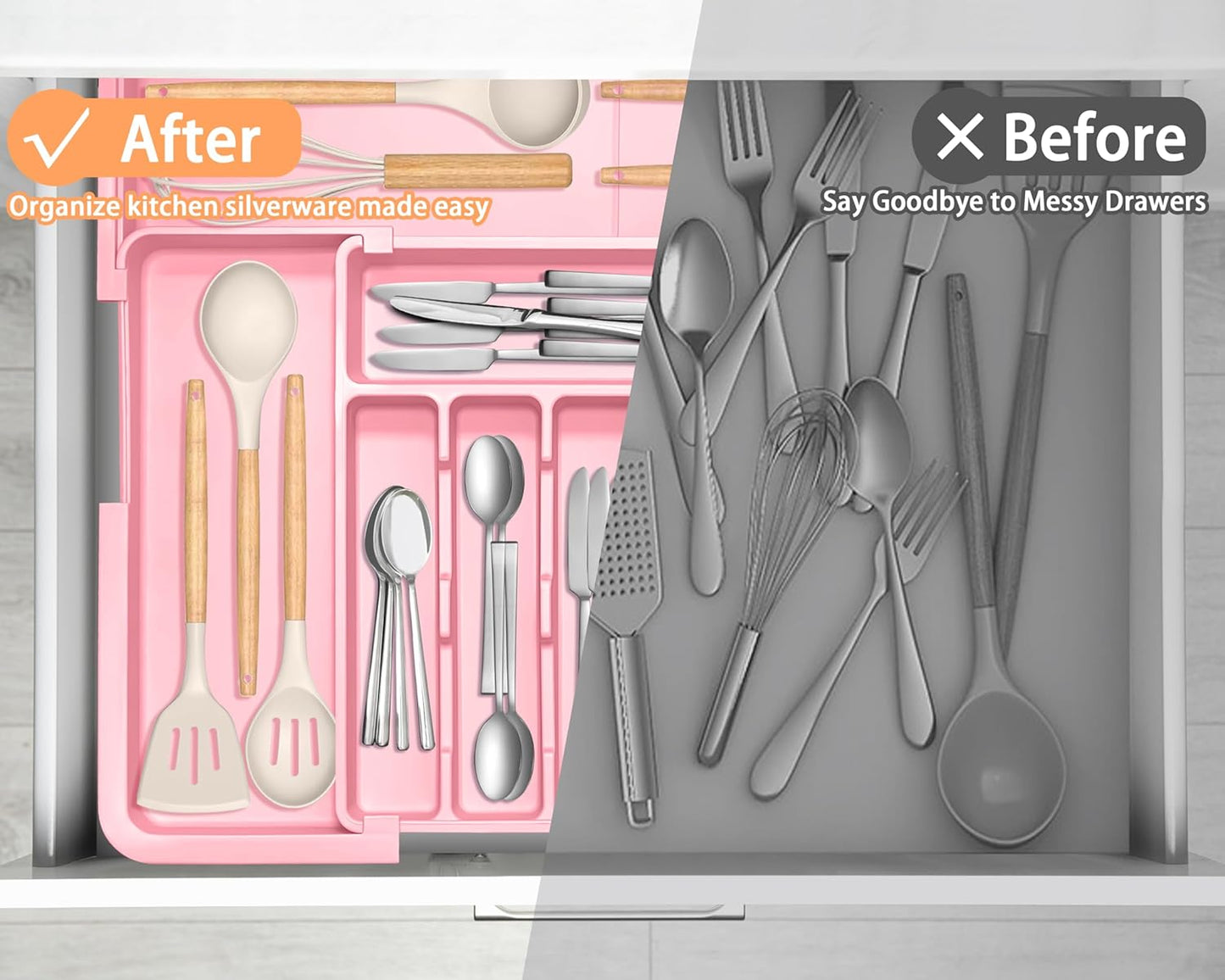 Spaclear Silverware Organizer Expandable Kitchen Utensil Drawer Organizer Large BPA Free Adjustable Cutlery Silverware Tray for Spoons Forks Knives Storage Divider for Kitchen Flatware 6-9 Slots Black