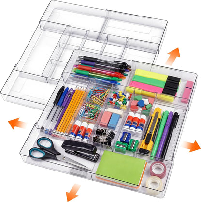 Briwooody 1 Pcs Large Expandable Acrylic Drawer Organizers, Grid Adjustable Drawer, Dividers Organizer for Desk, Makeup, Jewelry, Office, Kitchen Supplies (Clear,11 Compartments)