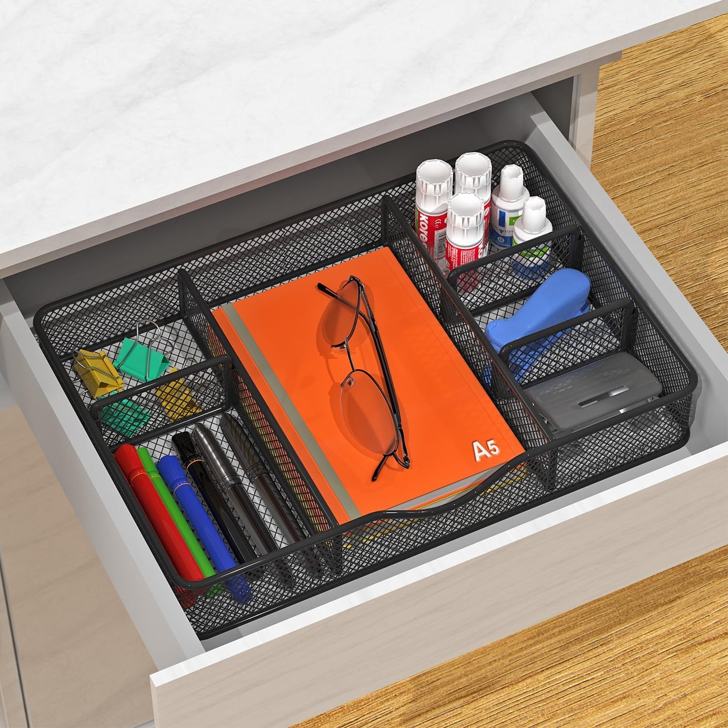 VyGrow Desk Drawer Organizer Tray, Metal Mesh Drawer Organizers Office, 6 Adjustable Compartment, Desk Organizer Tray for Home Office 12.87L x 8.73D x 1.96H inch, Black, 1PC Medium