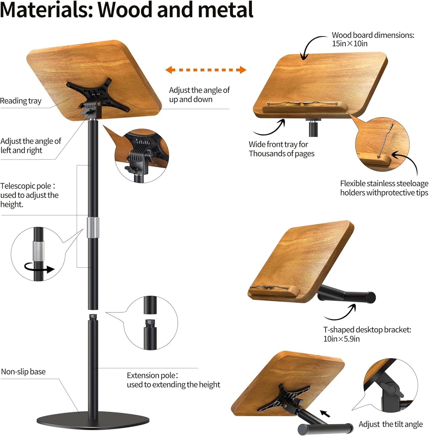 NAMON 2-in-1 Dual-use Floor & Desktop Book Stand, Sturdy Metal & Wood Build, Height Adjustable from 16.5" to 51", Floor Reading Stand for Sheet Music, Cookbooks, Projector (White, 11.8" x 16.5" Panel)