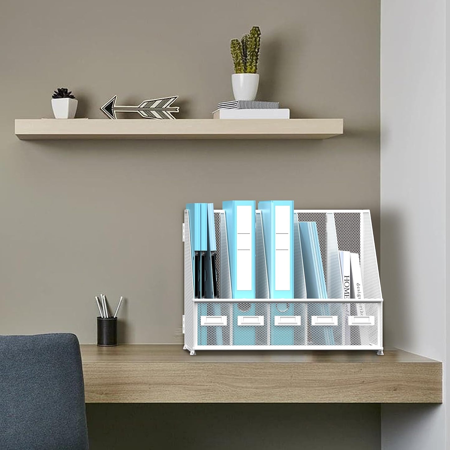 SUPEASY Desk Organizers Metal Desk Magazine File Holder with 5 Vertical Compartments Rack File Organizer for Office Desktop, Classroom, Home Workspace, Black