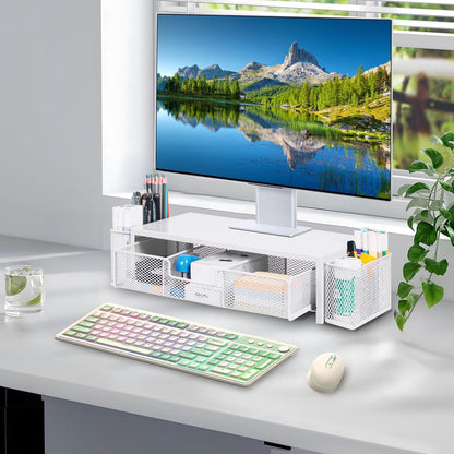 Qupui Computer Monitor Stand Riser with Drawer and Pen Holders, Desk Organizer Shelf and Accessories, Office Desk Accessories, Office Organization, Black