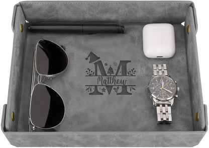 Engraved Leather Valet Tray for Men – Personalized Catchall with Custom Name for Desk, Dresser, Nightstand – Men's Organizer Tray for Keys, Wallet, Jewelry, Personalized Gift for Home, Office - Coffee