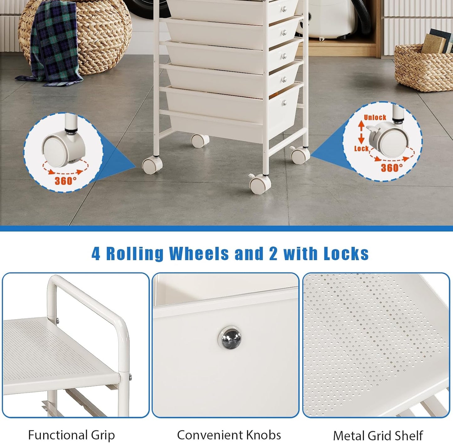 4-Tier Utility Cart with 4 Drawers, Rolling Utility Cart with 2 Lockable Caster Wheels, Multipurpose Mobile Rolling Drawer Cart for Office Bathroom Kitchen, Ivory White