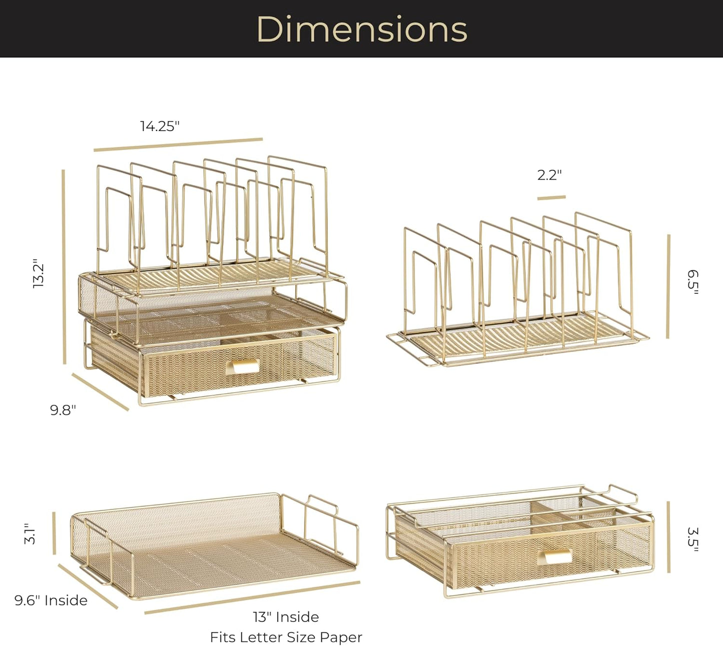 BLU MONACO | Gold Desk Organizer Set with Detachable File Organizer, Stackable Paper Tray & Storage Drawer | Stylish Gold Desk Accessories for Women & Office Organization