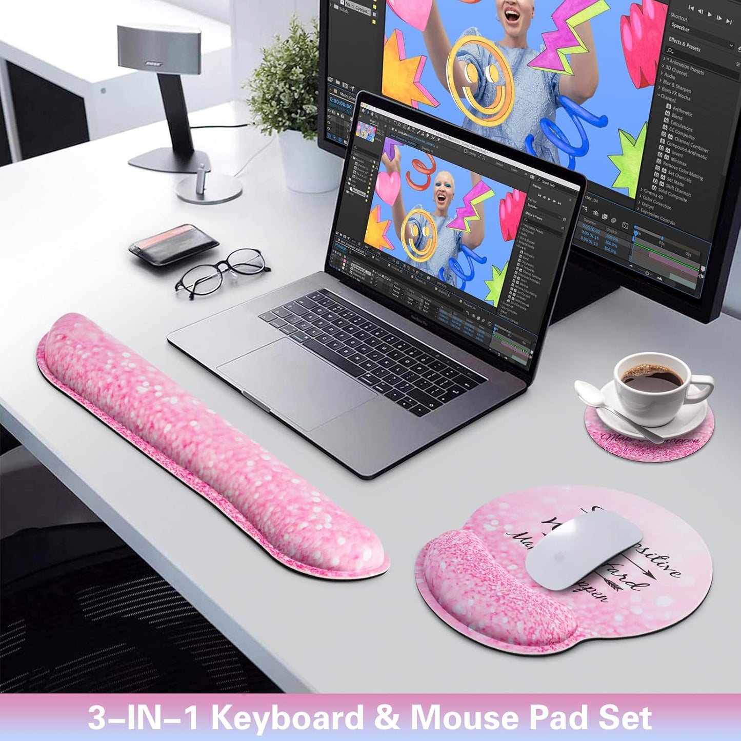 Mouse Pad with Wrist Rest Set, Qomolama 3-in-1 Wrist Support Mouse Pad Set, Floral Gaming Mousepad with Anti-Skid Base,Ergonomic Mouse Pad,Memory Foam Keyboard Gel Wrists Rest