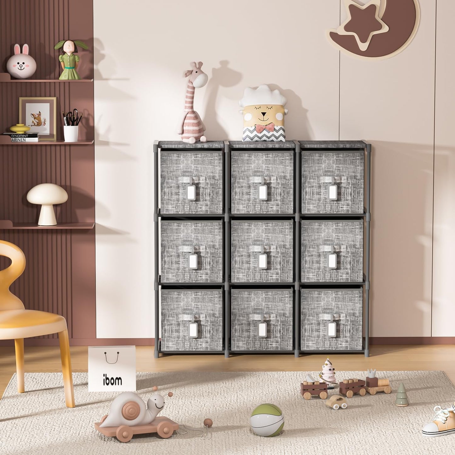 LUKYTOWER Cube Storage Organizer Shelf with Printed Bins + Labels, Cubby Storage Organizer with Bins, Large Capacity Shelves for Storage,Closet, Living Room, Dorm, Yarn (Grey, 6 Cube)