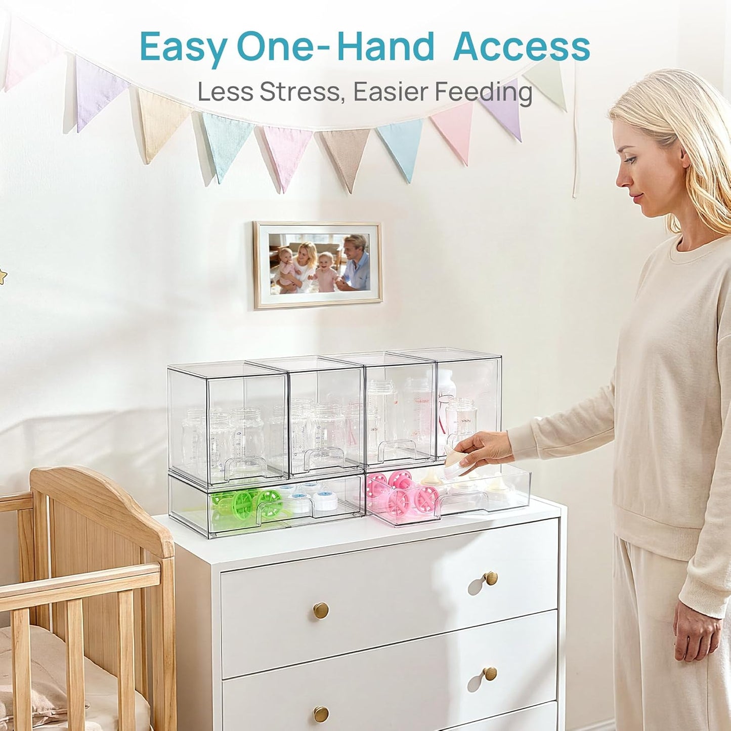Vtopmart Stackable Storage Drawers Set of 4, Clear Plastic Organizer Bins for Bathroom Supplies,Ideal for Cabinet,Pantry,Laundry Room Organization