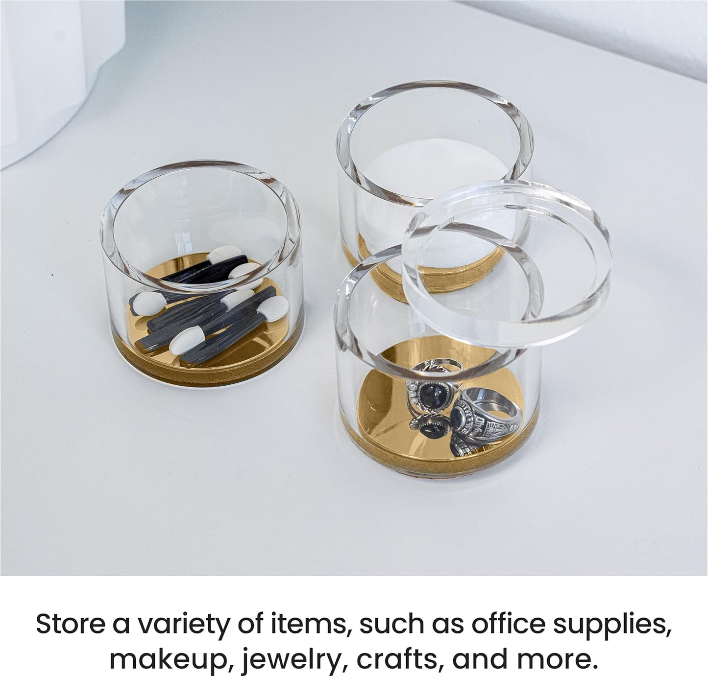 OfficeGoods 3-Tier Stackable Acrylic Holder- Stylish Desk Organizer and Storage for Office or Home – Transparent Round Design with Gold Metal Base