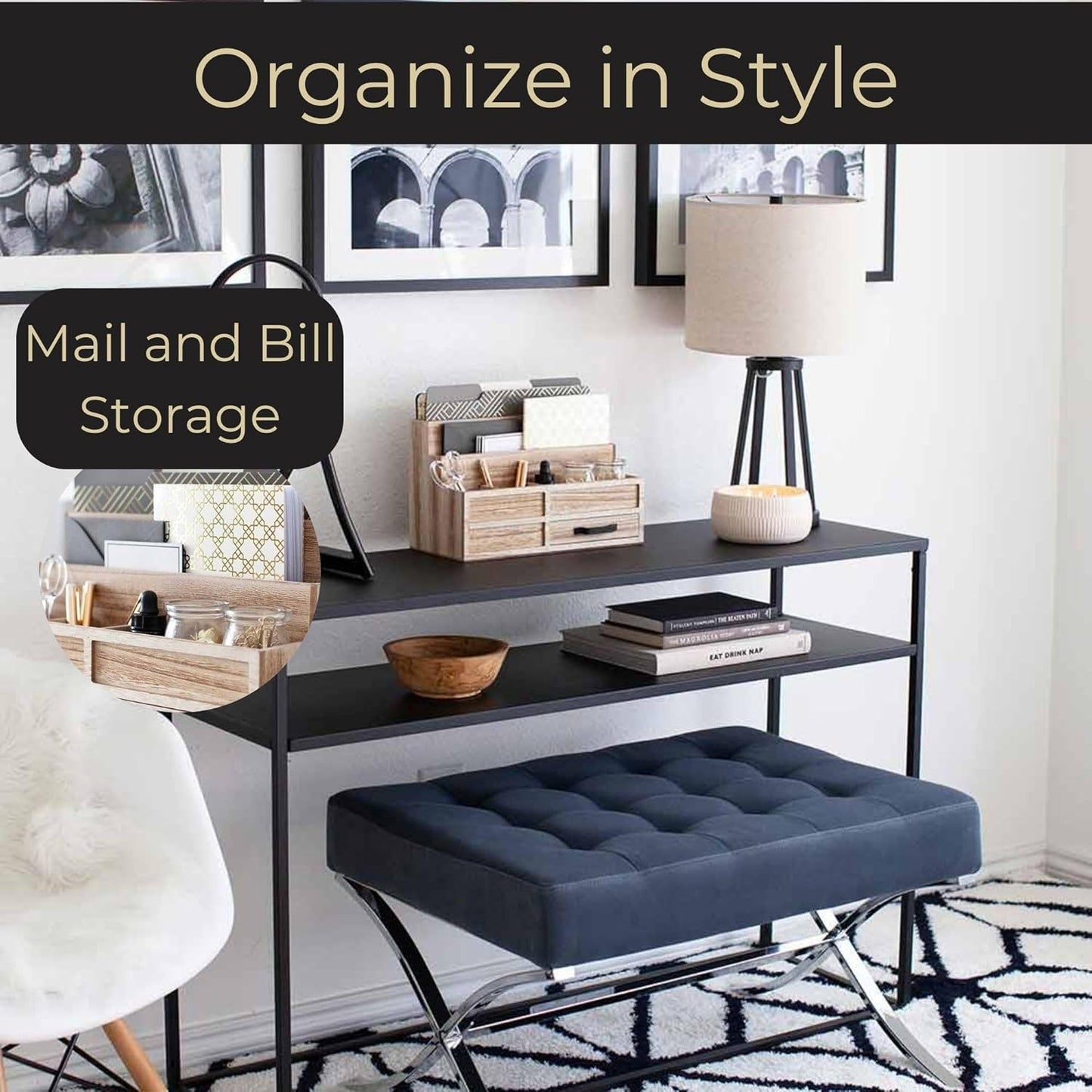 BLU MONACO | White Desktop Organizer with Drawer Storage | Tabletop Organizer with Drawers for Paper Bills Mail | Wooden Mail Organizer for Countertop Workspace | with Drawer, Bill