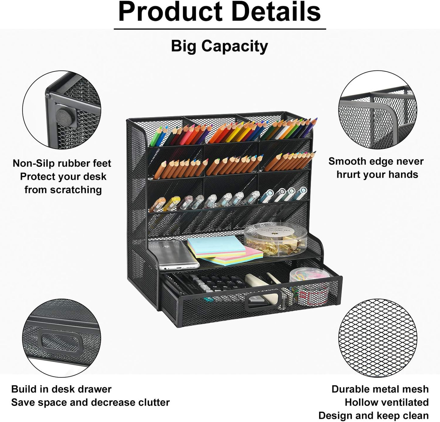 Marbrasse Mesh Pen Holder for Desk, Multi-Functional Pencil Organizer with Drawer, Desk Organizers and Accessories for Office Art Supplies (Black)