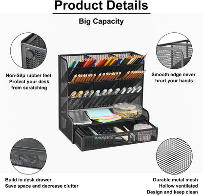 Marbrasse Mesh Pen Holder for Desk, Multi-Functional Pencil Organizer with Drawer, Desk Organizers and Accessories for Office Art Supplies (Black)