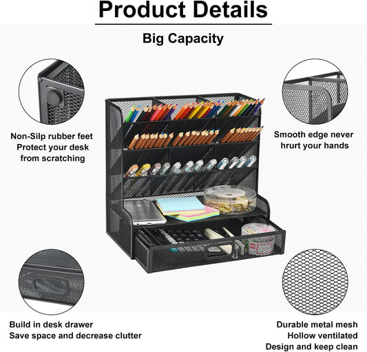 Marbrasse Mesh Pen Holder for Desk, Multi-Functional Pencil Organizer with Drawer, Desk Organizers and Accessories for Office Art Supplies (Black)