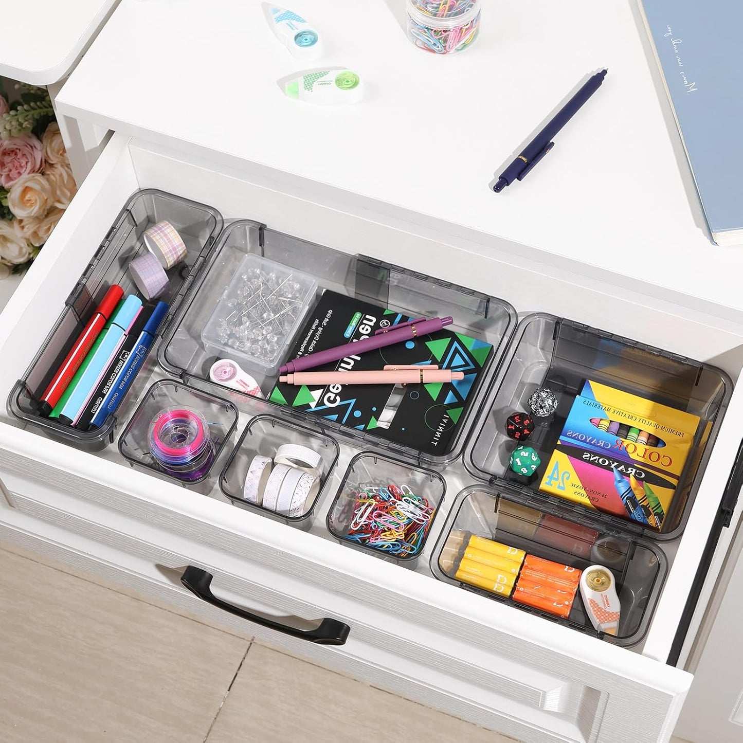 14 Pcs Adjustable Clear Drawer Organizer, Extendable Vanity Storage Bins, Desk Drawer Organizer Set for Makeup, Cosmetics, Bedroom, and Gadgets, Purple