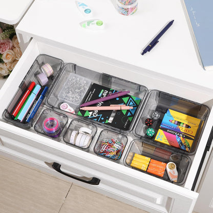 14 Pcs Adjustable Clear Drawer Organizer, Extendable Vanity Storage Bins, Desk Drawer Organizer Set for Makeup, Cosmetics, Bedroom, and Gadgets, Purple