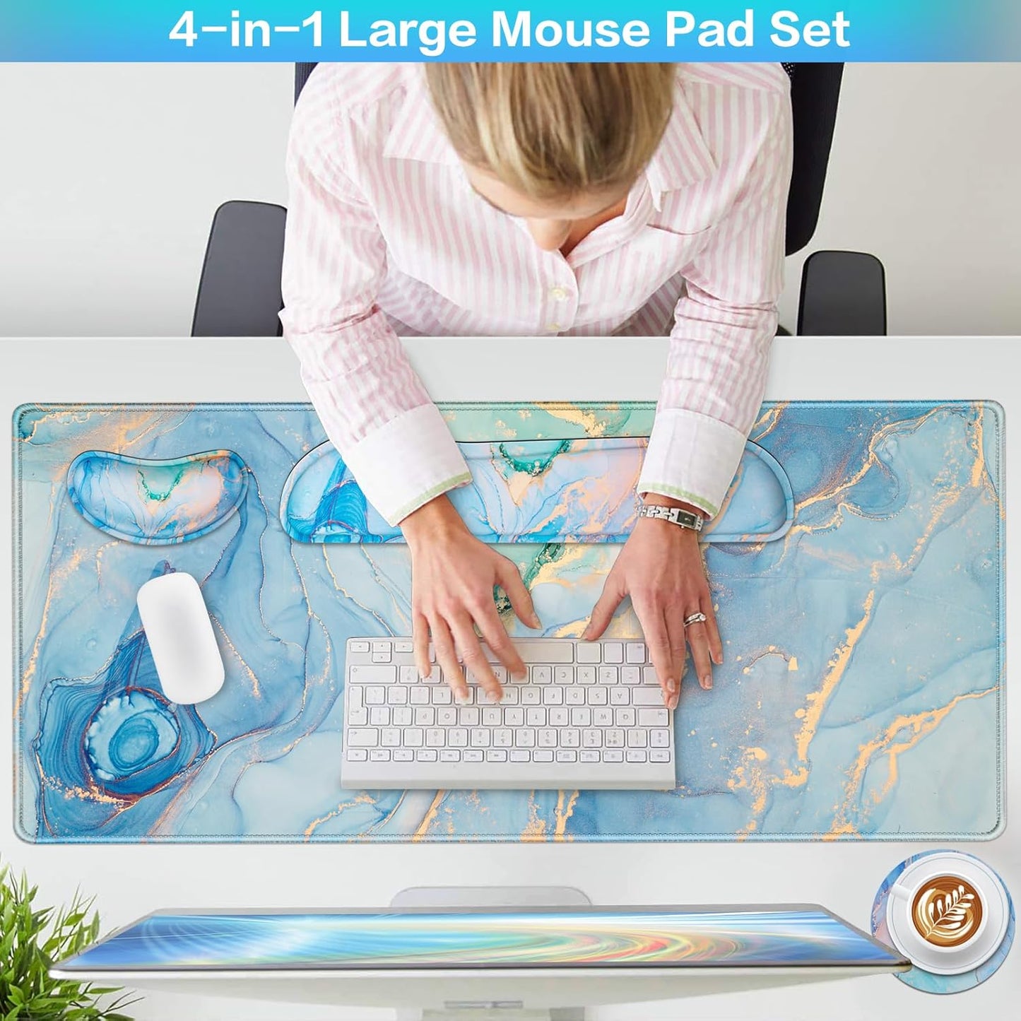 Desk Mat, Large Gaming Mouse Pad with Wrist Rest, 4in1 XXL Mousepad+Keyboard Wrist Rest+Mouse Pad Wrist Support+Cup Coaster Set Ergonomic Floral Computer Desk Arm Wrist for Decor Home Office Women
