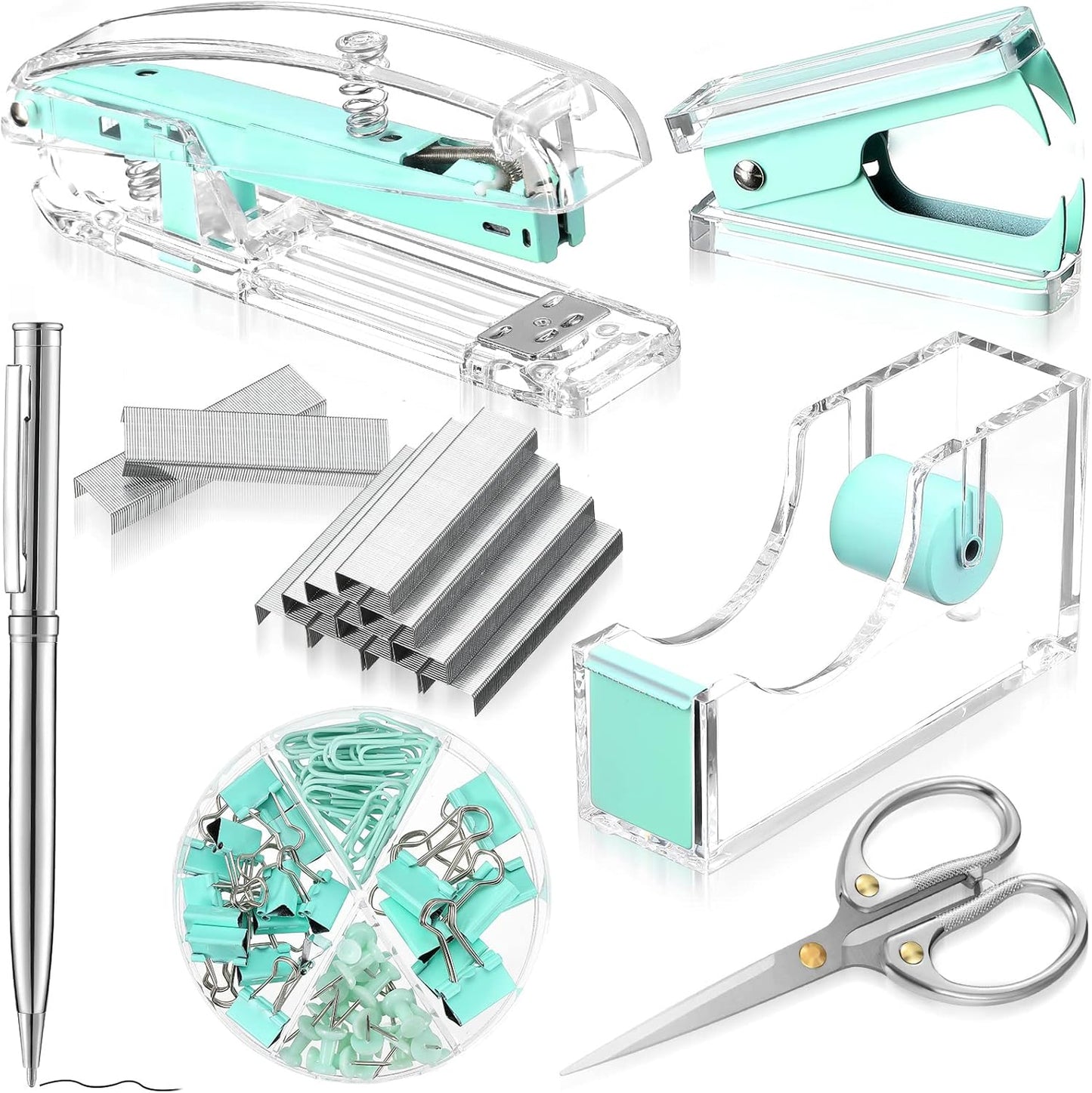Office Supplies Set Desk Accessory Kit, Acrylic Stapler Set Staple Remover, Tape Dispenser, Binder Clips, Paper Clips, Ballpoint Pen and Scissor with 1000 Pieces 26/6 Staples (Silver)