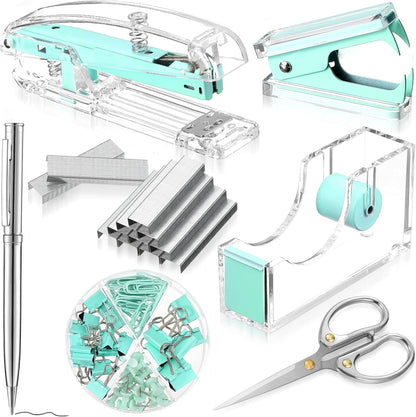 Office Supplies Set Desk Accessory Kit, Acrylic Stapler Set Staple Remover, Tape Dispenser, Binder Clips, Paper Clips, Ballpoint Pen and Scissor with 1000 Pieces 26/6 Staples (Silver)