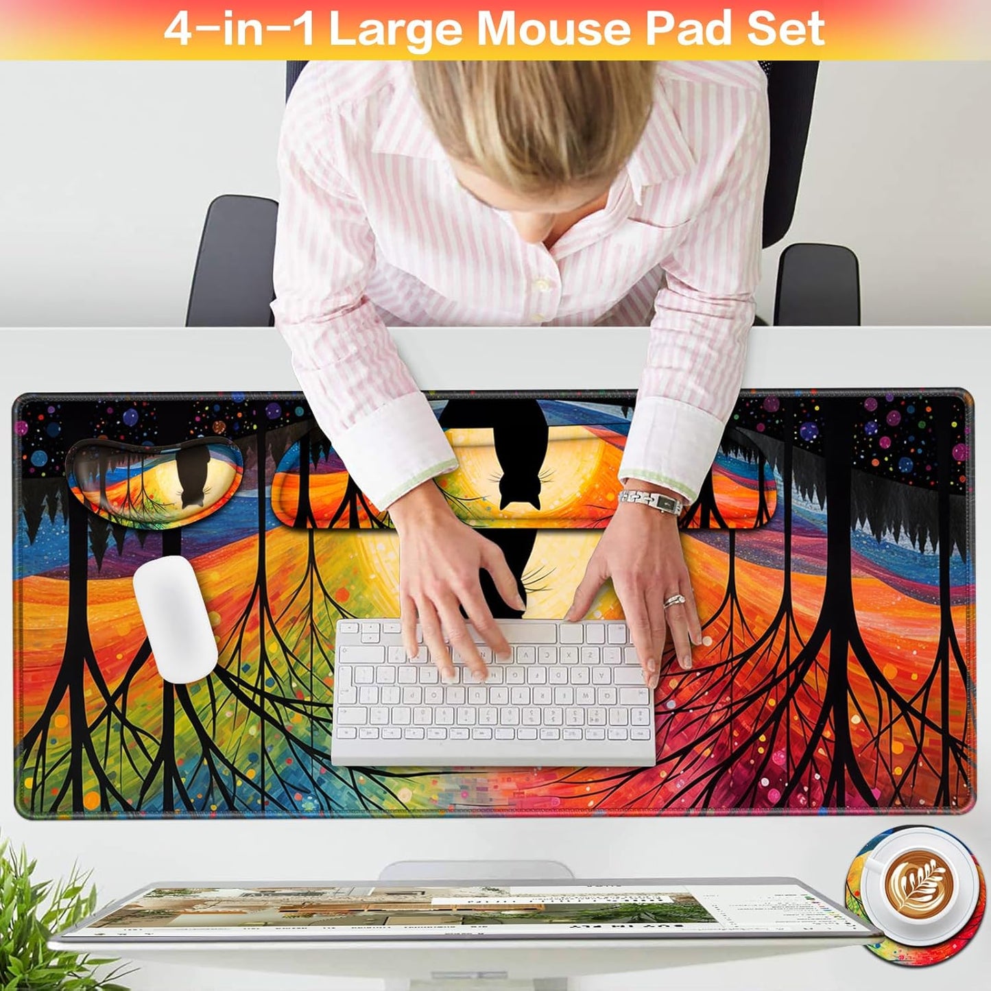 Desk Mat, Large Gaming Mouse Pad with Wrist Rest, 4in1 XXL Mousepad+Keyboard Wrist Rest+Mouse Pad Wrist Support+Cup Coaster Set Ergonomic Floral Computer Desk Arm Wrist for Decor Home Office Women