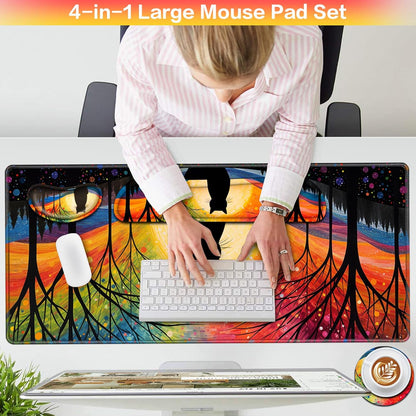 Desk Mat, Large Gaming Mouse Pad with Wrist Rest, 4in1 XXL Mousepad+Keyboard Wrist Rest+Mouse Pad Wrist Support+Cup Coaster Set Ergonomic Floral Computer Desk Arm Wrist for Decor Home Office Women