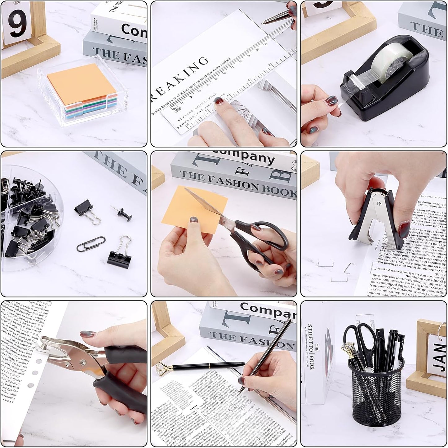 17 in1 Silvery Desk Organizers and Accessories Set, 3 Office Desk Supplies Storage Organization, 4 Pens, Stapler, Staples & Remover, Tape & Dispenser, Scissors, Ruler, Clips, Hole Punch Back to School