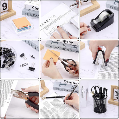 17 in1 Silvery Desk Organizers and Accessories Set, 3 Office Desk Supplies Storage Organization, 4 Pens, Stapler, Staples & Remover, Tape & Dispenser, Scissors, Ruler, Clips, Hole Punch Back to School