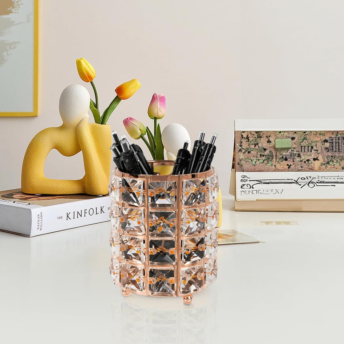 Crystal Pen Holder, Pencil Cups for Desk, Multi-Purpose Desktop Organizer, for Office Writing Desk (Gold)