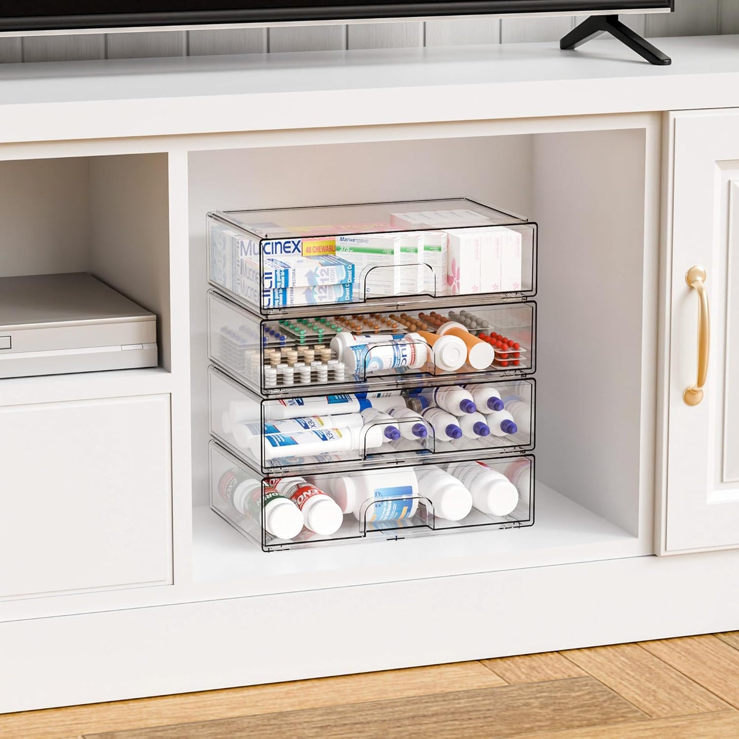 Yieach 4 Pack Clear Stackable Storage Drawers,4.4'' Tall Acrylic Drawer Containers for Organizing,Bathroom Organizers and Storage Bin Box,Plastic Makeup,Medicine Organizer Bins for Cabinet,Undersink