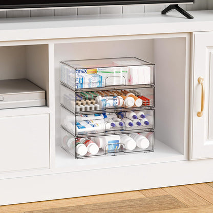 Yieach 4 Pack Clear Stackable Storage Drawers,4.4'' Tall Acrylic Drawer Containers for Organizing,Bathroom Organizers and Storage Bin Box,Plastic Makeup,Medicine Organizer Bins for Cabinet,Undersink