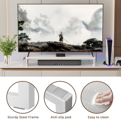 LAND·VOI Heavy Duty Dual Monitor Stand, Holds 2 Screens Up to 27 Inches, Adjustable Length and Angle Monitor Riser, Desk Organizer with Side Pockets and Drawers, Home Office Desk Storage, Rustic Brown