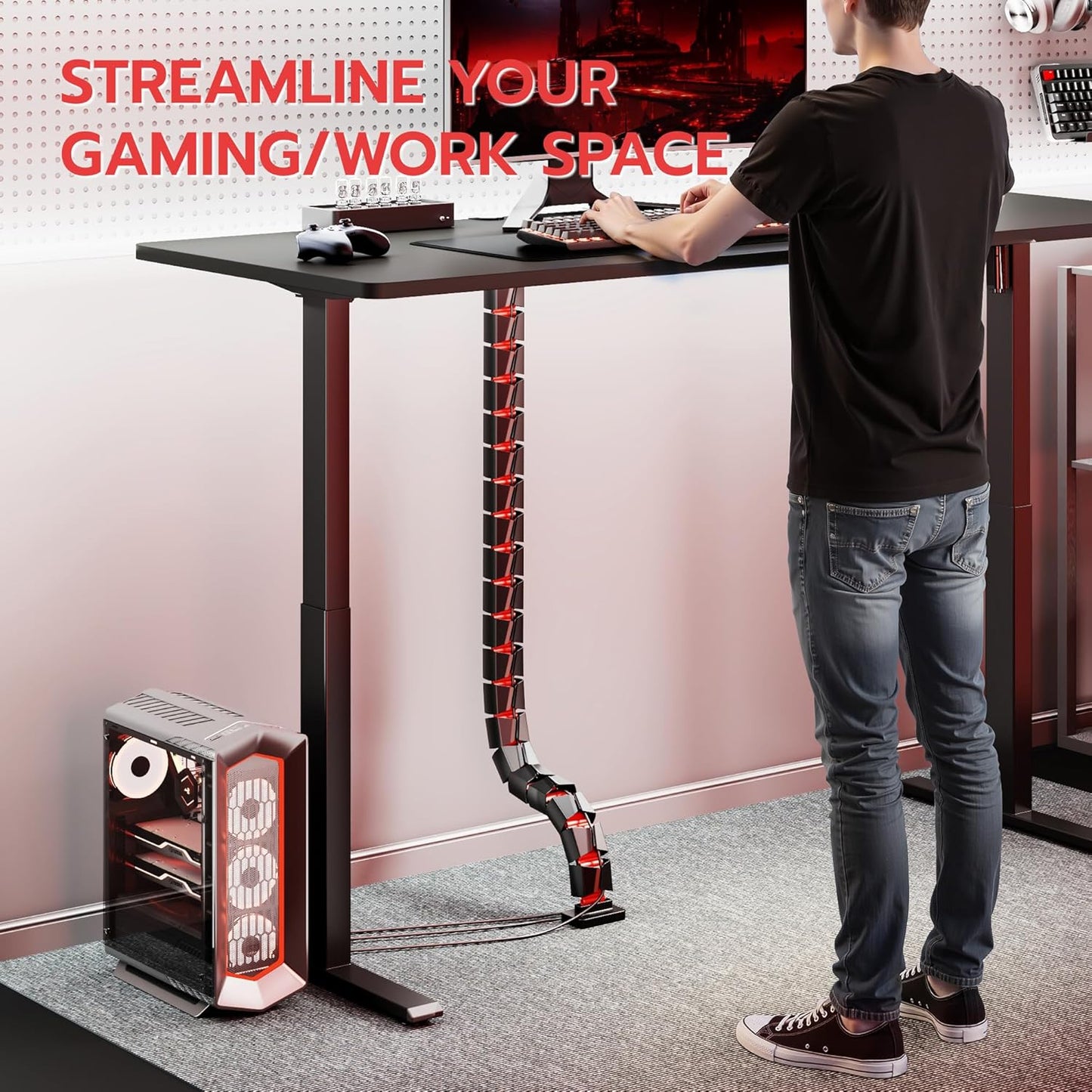 ARES WING Under Desk Cable Management Spine, Magnetic Vertebrae Cable Management for Standing Desk, Length Adjustable Cord Organizer with 20 Modular Vertebrae for Office and Gaming Desks, Red