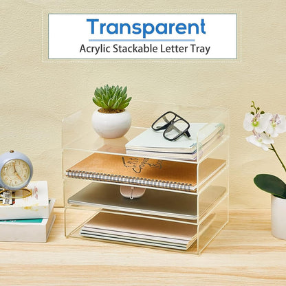 Harloon 4 Tier Paper Organizer Letter Tray Acrylic Desk File Organizer Heavy Duty Stackable Documents Clear Letter Paper Holder Sorter Office Tray for A4, Office Classroom Home File Pad Notebooks