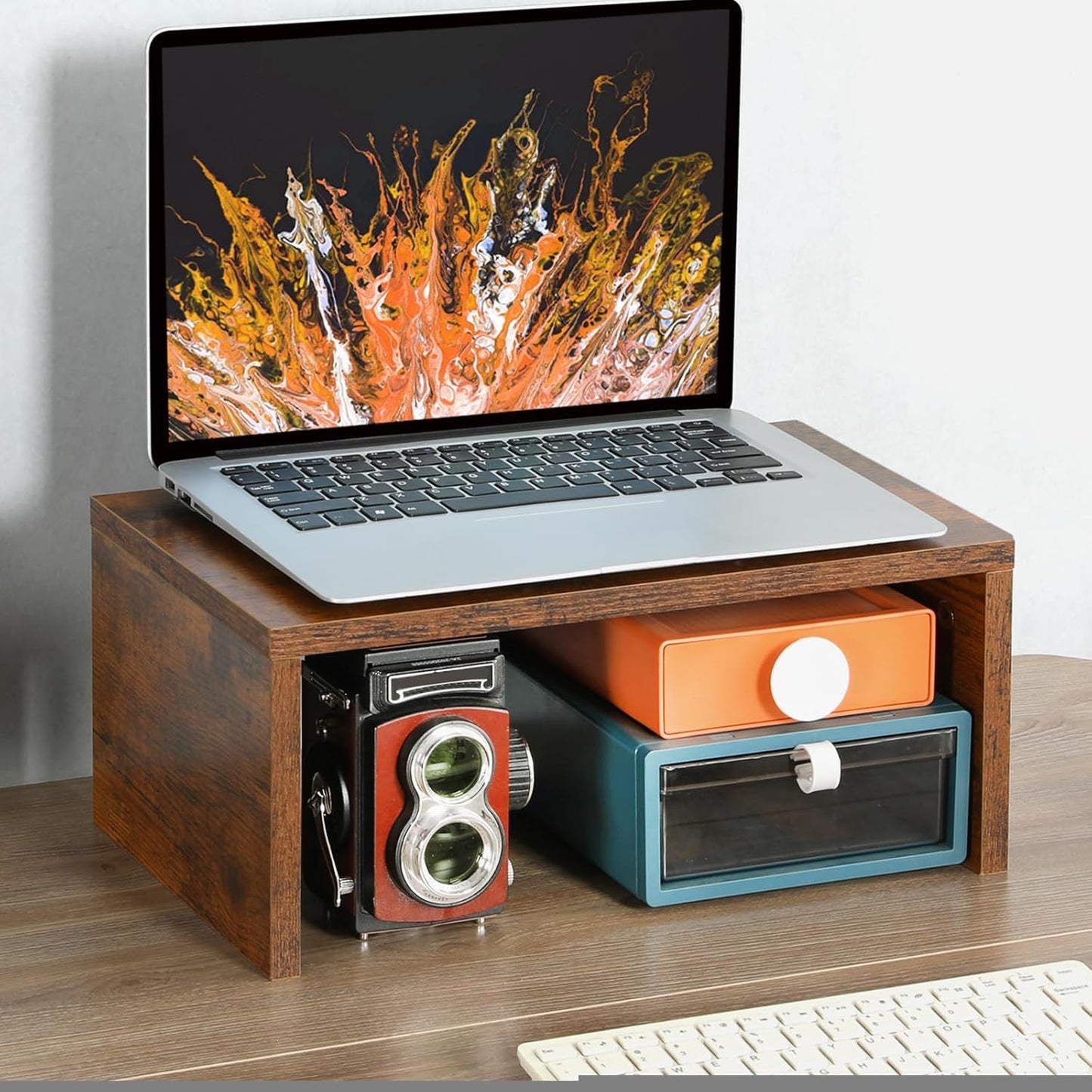 TEAMIX 14.2 inch Monitor Stand Riser, Rustic Brown Wood Monitor Riser with Storage for Desk Small Monitor Stand TV/Screen/PC/Laptop Riser Computer Stand Desktop Shelf (Brown-14.2 inch)