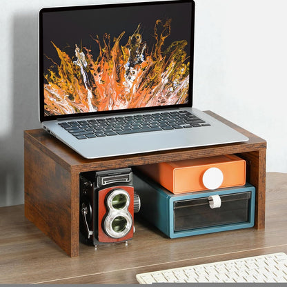 TEAMIX 14.2 inch Monitor Stand Riser, Rustic Brown Wood Monitor Riser with Storage for Desk Small Monitor Stand TV/Screen/PC/Laptop Riser Computer Stand Desktop Shelf (Brown-14.2 inch)