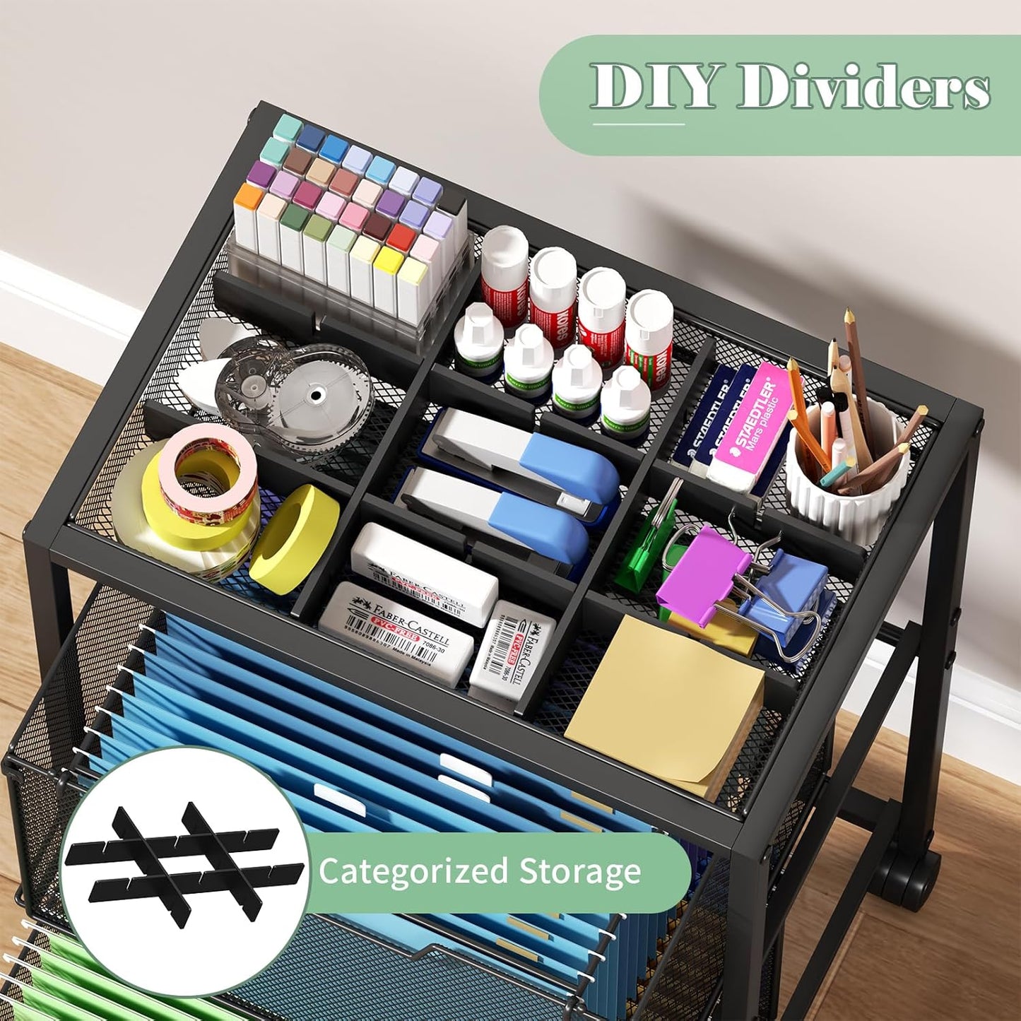 Rolling File Cart with 3 Storage Drawers, Under Desk Filing Cabinet with DIY Divider, Hanging File Folder Organizer on Wheels, Fits A4/Letter Size, Metal Utility Cart for Home Office, Black