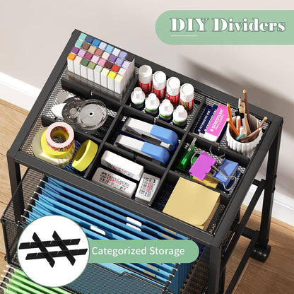 Rolling File Cart with 3 Storage Drawers, Under Desk Filing Cabinet with DIY Divider, Hanging File Folder Organizer on Wheels, Fits A4/Letter Size, Metal Utility Cart for Home Office, Black
