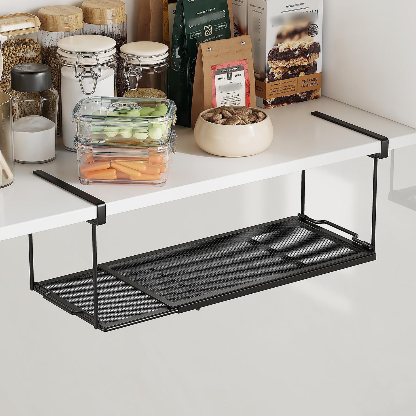 1 Pack Expandable Under Cabinet Shelf, Under Shelf Basket with 0.94 Inches Thick Clips for Kitchen Cupboard, Metal Hanging Under Desk Basket for Laundry Room, Cabinet, Shoe Rack