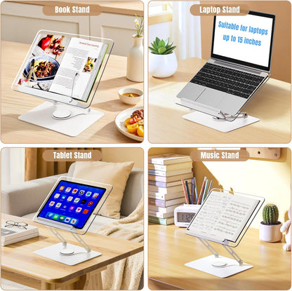 HAUTOCO Adjustable Acrylic Book Stand for Reading, 360° Rotating Base, Foldable Desktop Book Holder with Elastic Page Clips, Hands-Free Cookbook Stand for Laptop, Tablet, Recipe, Textbook, Music Score