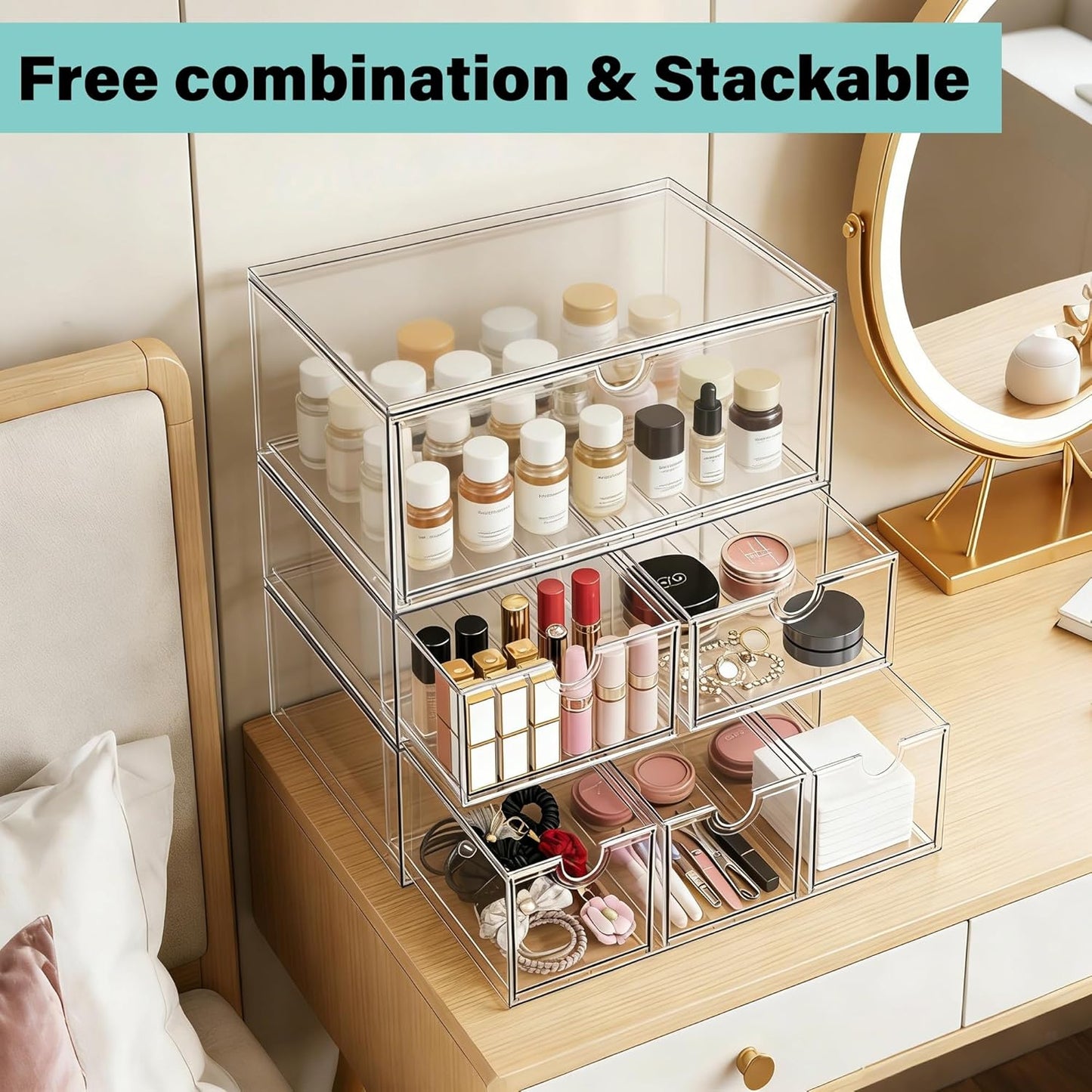 Prsildan Acrylic Makeup Organizer, 2 Pack Stackable Storage Drawers with 6 Drawers for Office Desk Vanity Craft Room Clear Drawer Organizers for Hair Accessories Art Supplies Cosmetics Modular System