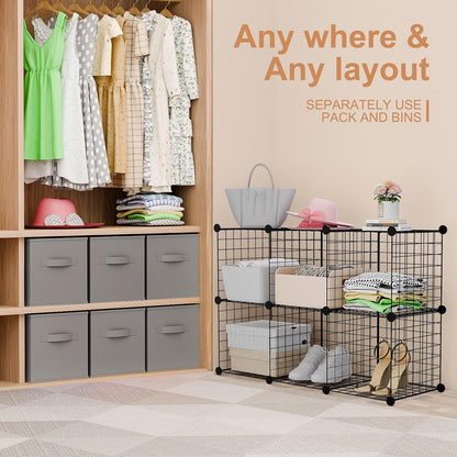 Leinuosen 6 Cube Storage Organizer with Fabric Bins, Wire Grid Stackable Shelves, Modular Storage Units for Bedroom Living Room Office Toys Book Craft(Black,Gray)