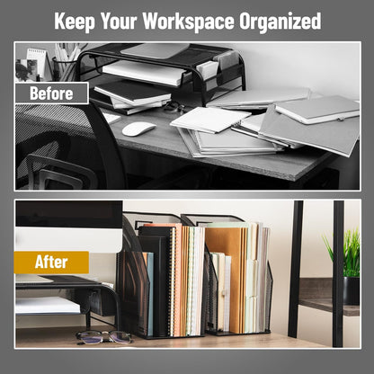 Mind Reader Vertical File Organizers, Desktop File Holders for Folders, Magazines, and Paperwork, Workspace Organizer, Metal Mesh, Set of 2, Black