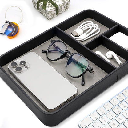 Vegan Leather Valet Tray for Men - Modern Nightstand Organizer for Keys, Wallet, Watch & EDC Essentials, Eco-Friendly & Stylish Storage(Black)