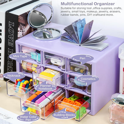 Desk Storage Organizer with 9 Drawers, MYKASEN Clear Plastic Storage Cabinet, Stackable Desk Storage Box for Makeup Office Craft Hardware Art Supplies, 9.8x6.3x5.9inch(White)