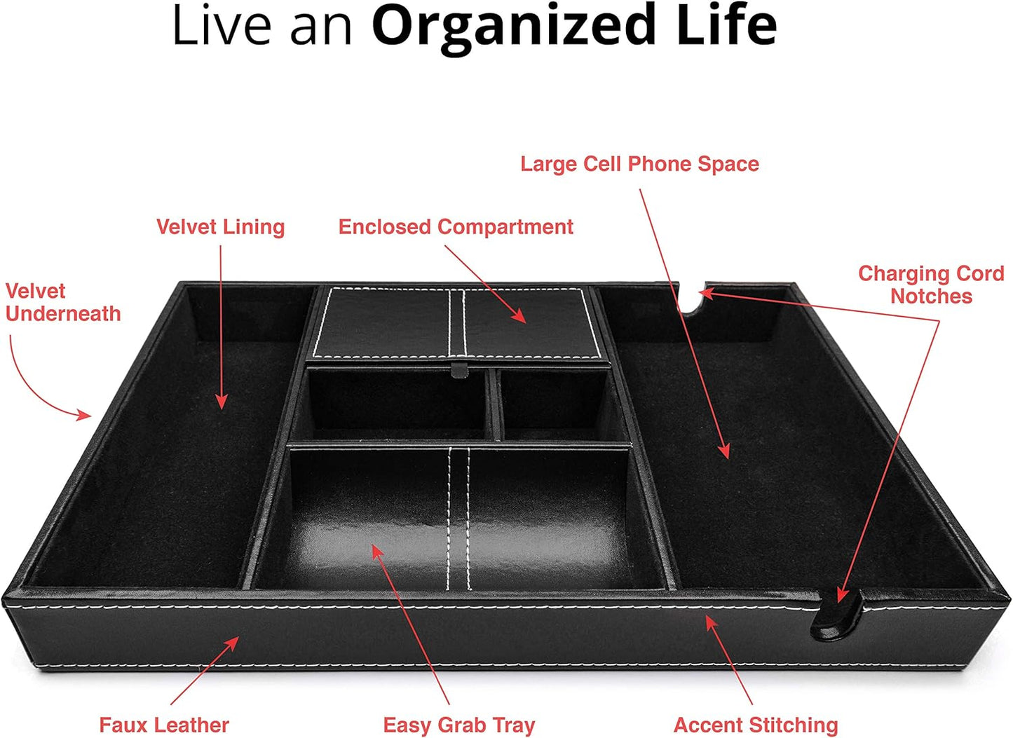 ULTRAY, Valet Tray for Men, Nightstand Organizer, Entry Table Organizer, Catch All, Black Faux Leather Box, 6 Compartments