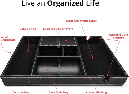 ULTRAY, Valet Tray for Men, Nightstand Organizer, Entry Table Organizer, Catch All, Black Faux Leather Box, 6 Compartments