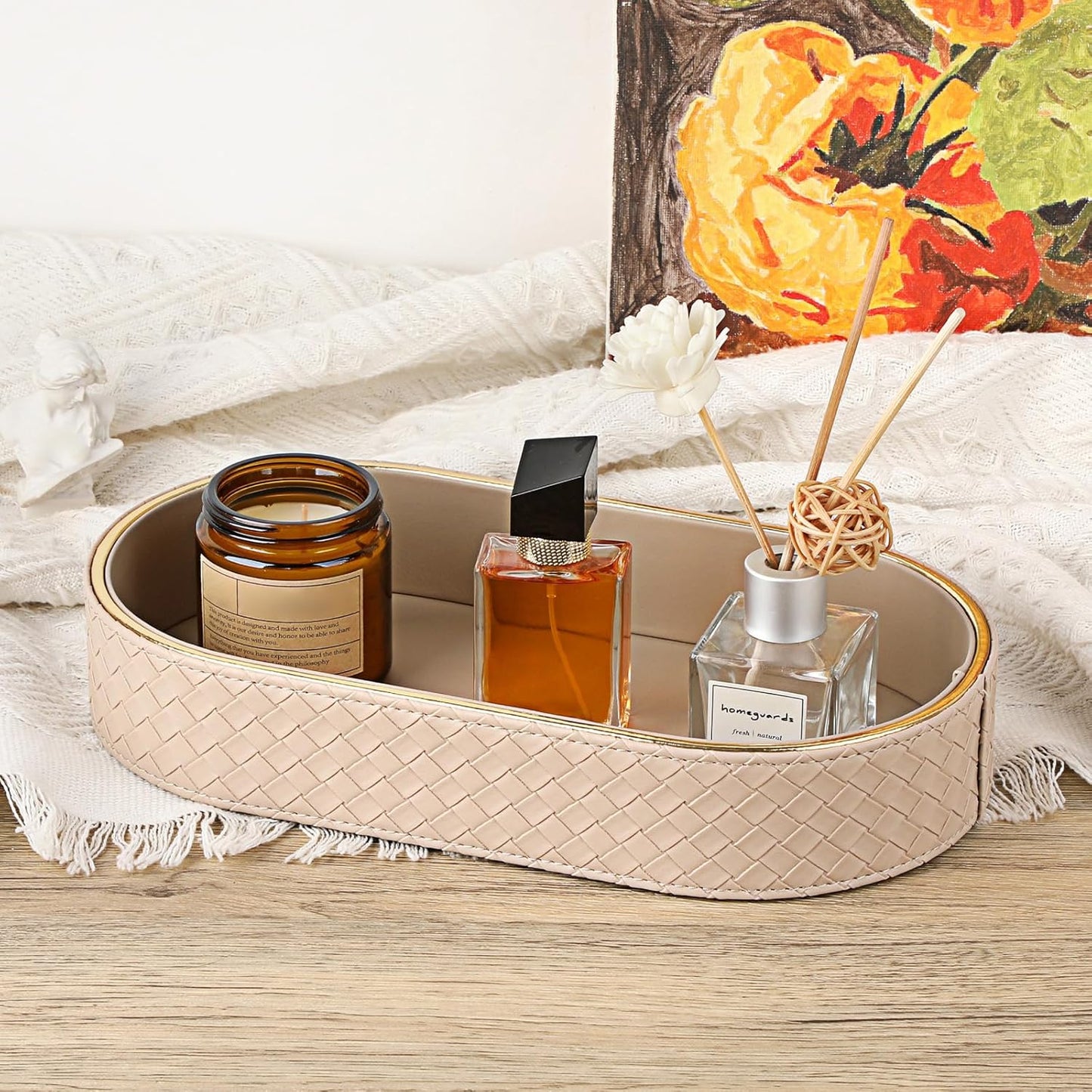 Hipiwe Perfume Trays PU Leather Vanity Tray for Dresser Bathroom Valet Trays Oval Desk Tray Jewelry Dish Holder Decorative Catchall Trays Nightstand Organizer, Beige