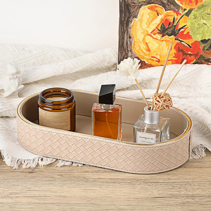 Hipiwe Perfume Trays PU Leather Vanity Tray for Dresser Bathroom Valet Trays Oval Desk Tray Jewelry Dish Holder Decorative Catchall Trays Nightstand Organizer, Beige