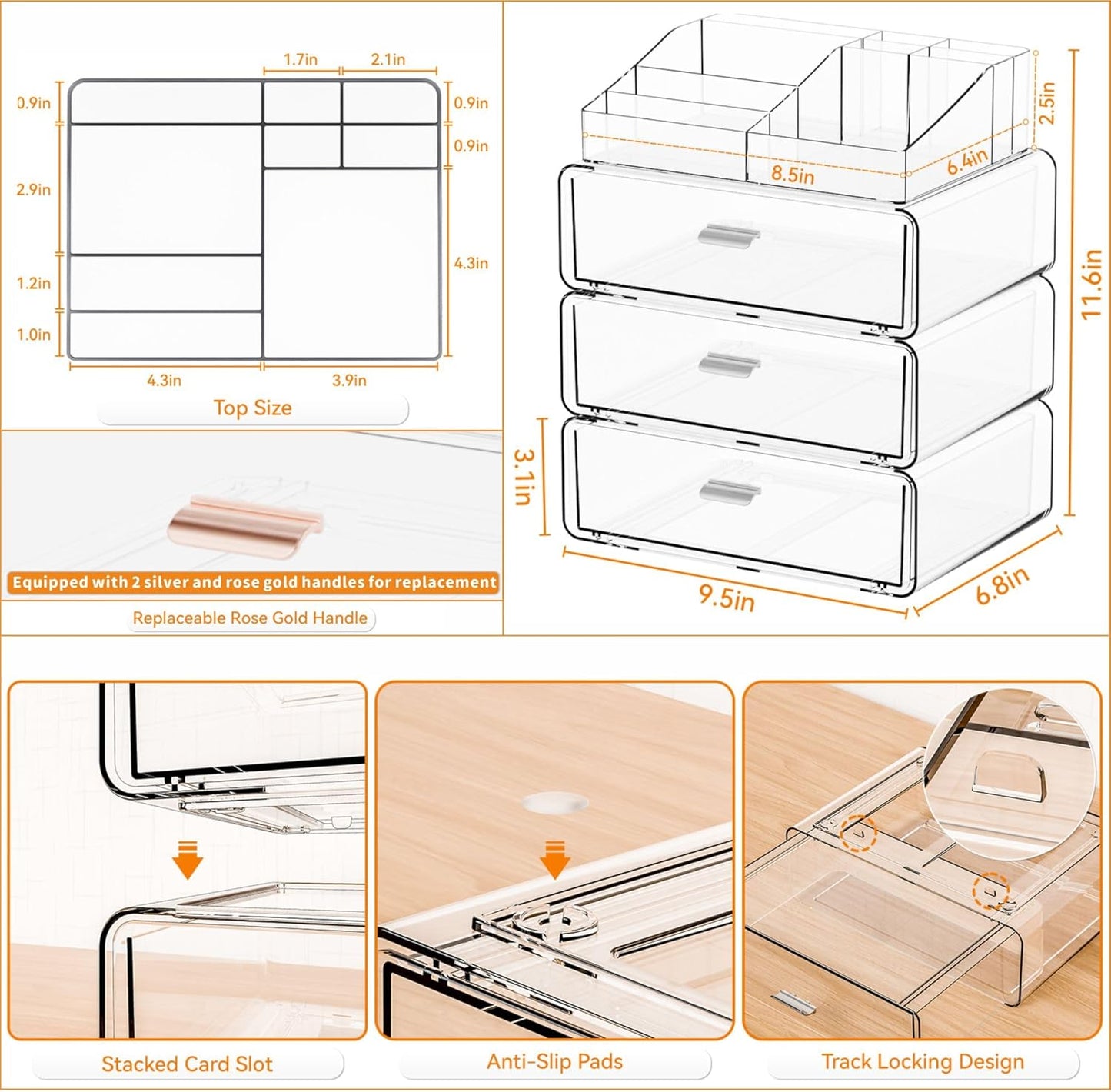 Yieach Clear Acrylic Makeup Organizers Countertop for Dresser,Desk,Bathroom Vanity,3 Tier Stackable Make up Holders and Makeup Cabinet,Tiered Cosmetic Storage and Make up Containers for Palette,Brush